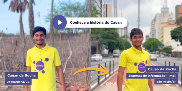 Antes e depois do aluno Cauan da Rocha, que saiu da sua cidade, Jaguaruana/CE, para cursar Sistema de Informação no Inteli, em São Paulo.